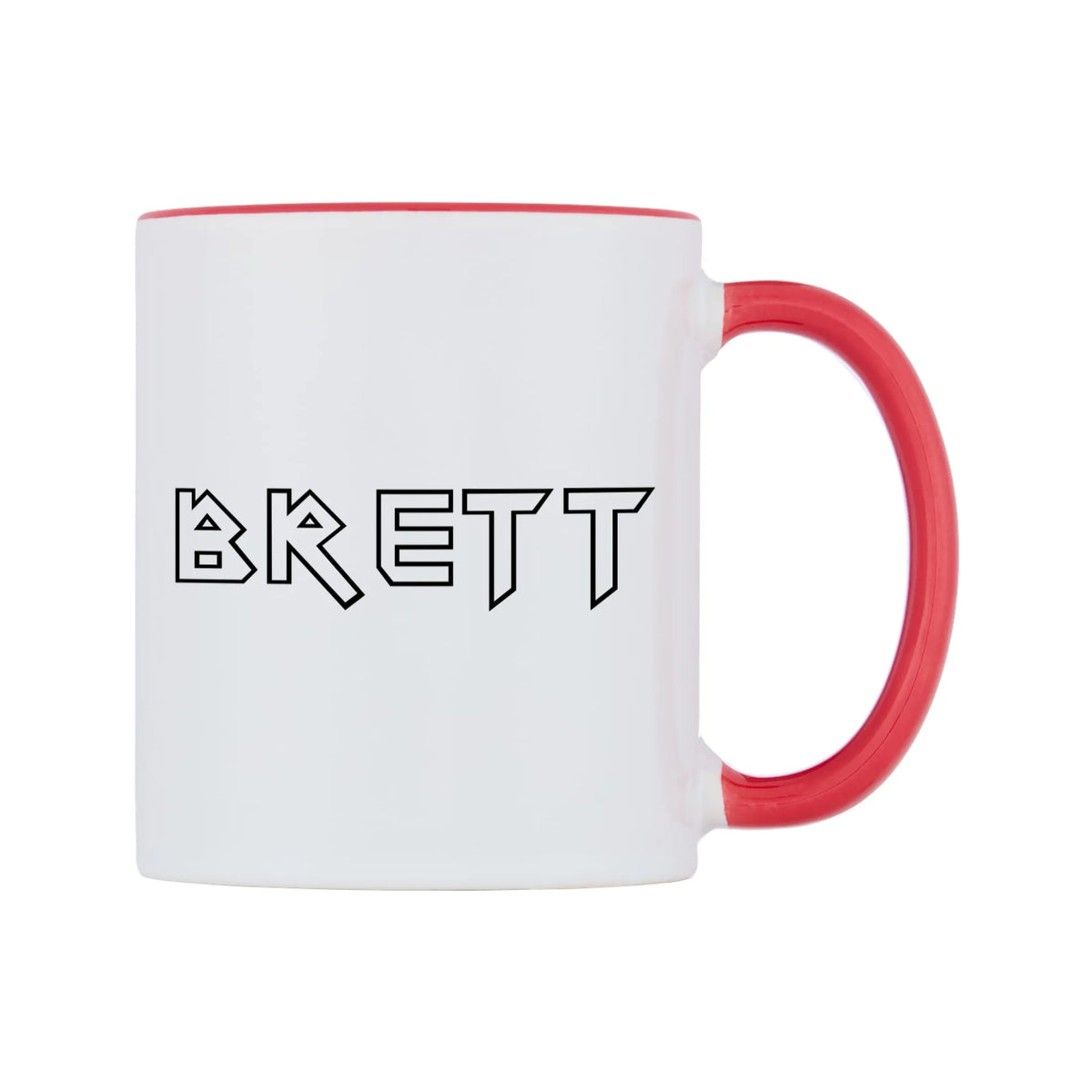 Brett - Iron Maiden Themed Mug — white 11oz gloss mug with a red inside and handle, left side, on a white background