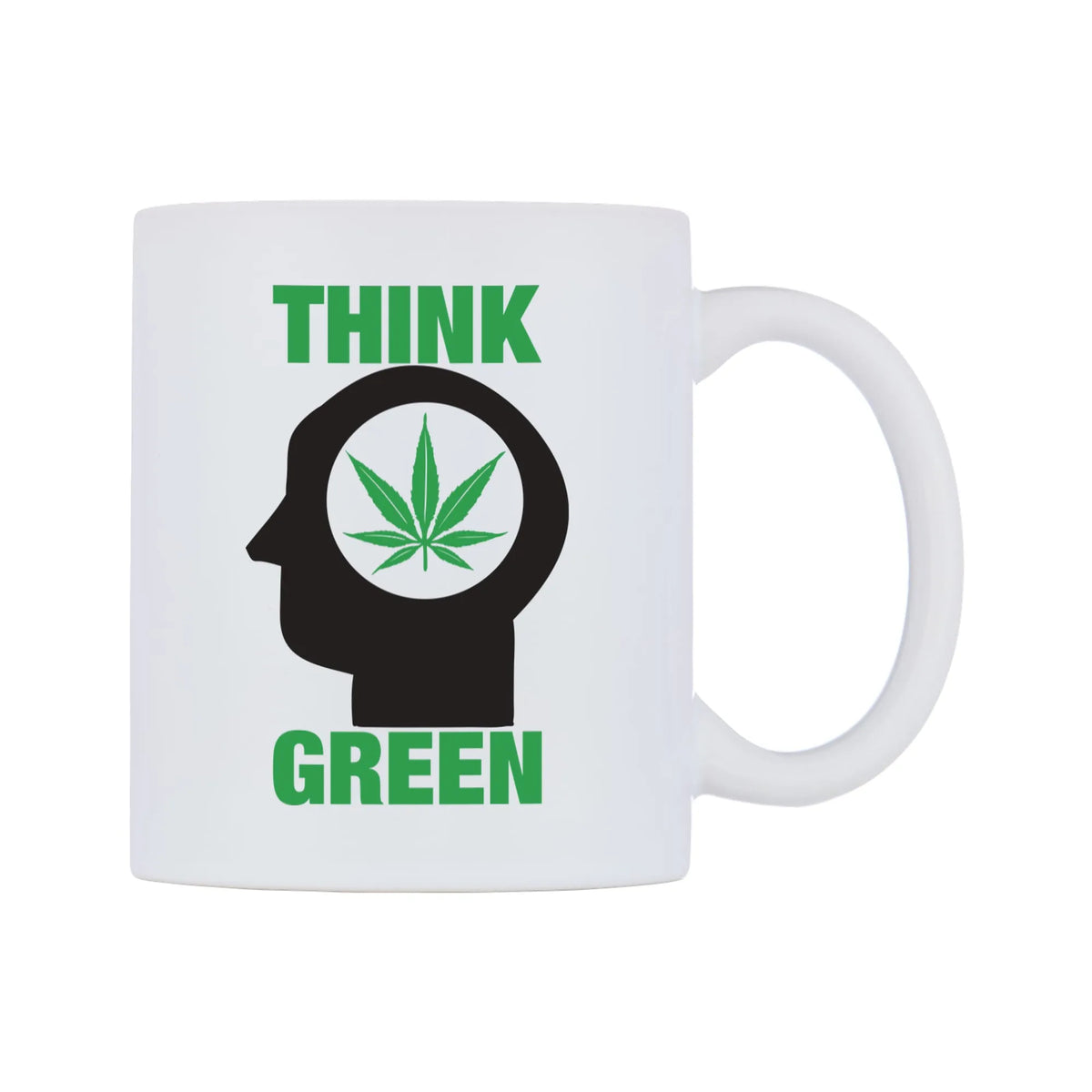 Think Green Mug — white 11oz gloss mug, left side, on a white background
