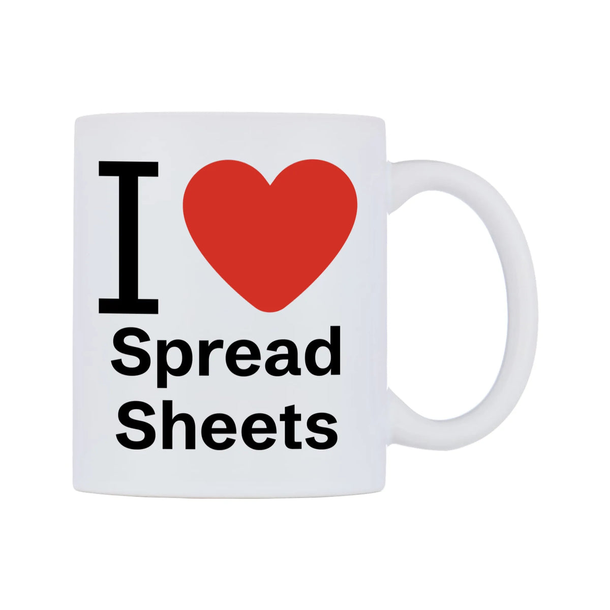 I Love Spread Sheets Mug — white 11oz gloss mug, left side, on a white background