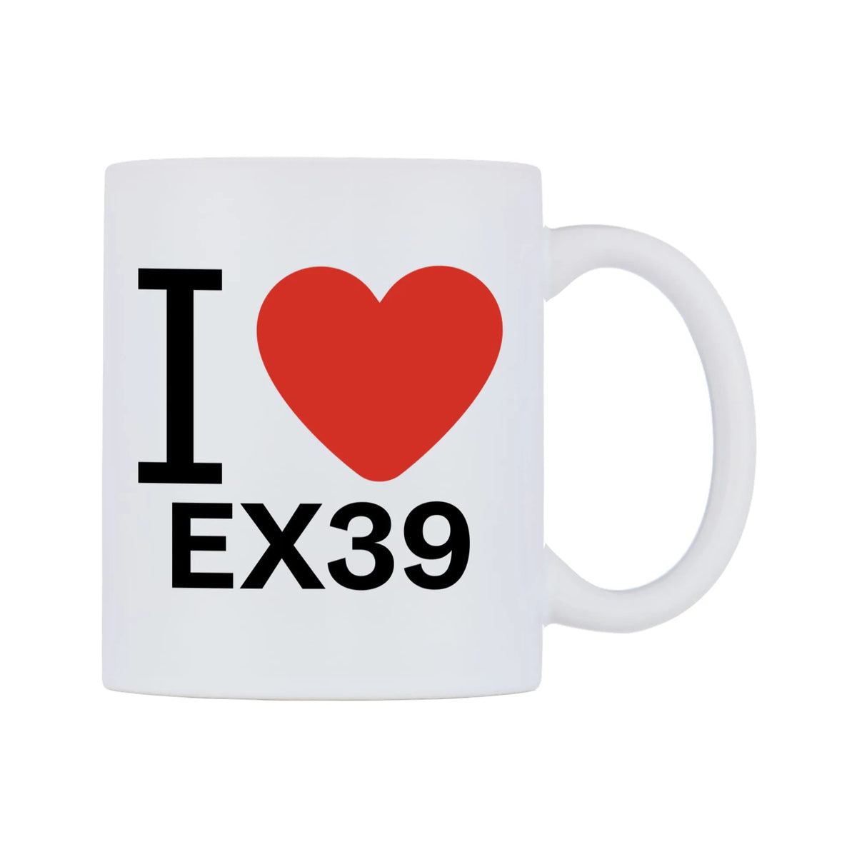 I Love EX39 Mug — white 11oz gloss mug, left side, on a white background