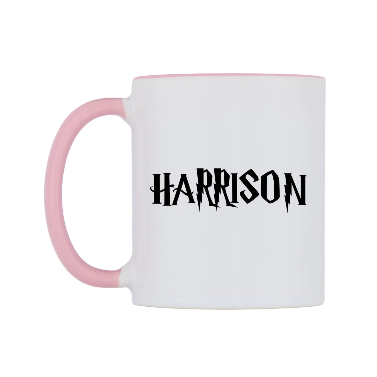 Harrison - Wizard Themed Mug — white 11oz gloss mug with a pink inside and handle, right side, on a white background