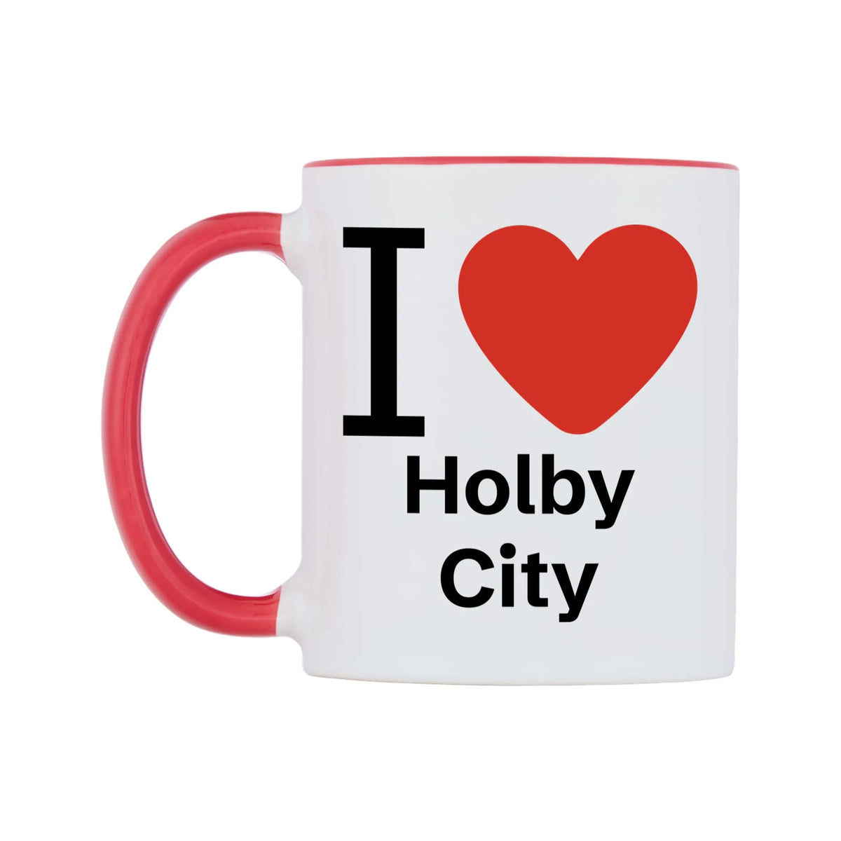 I Love Holby City Mug — white 11oz gloss mug with a red inside and handle, right side, on a white background