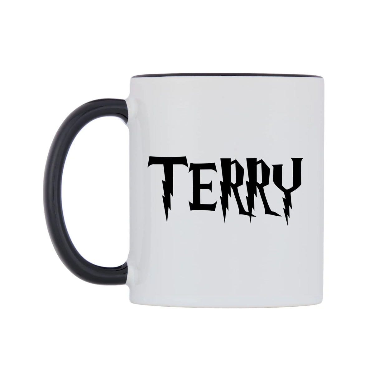 Terry - Wizard Themed Mug — white 11oz gloss mug with a black inside and handle, right side, on a white background