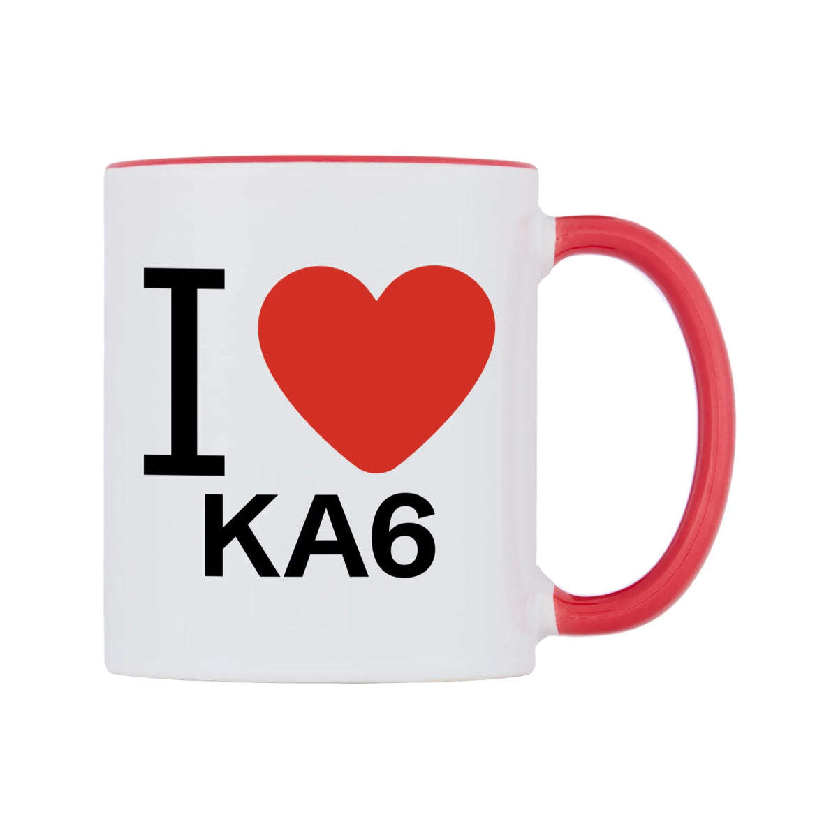 I Love KA6 Mug — white 11oz gloss mug with a red inside and handle, left side, on a white background