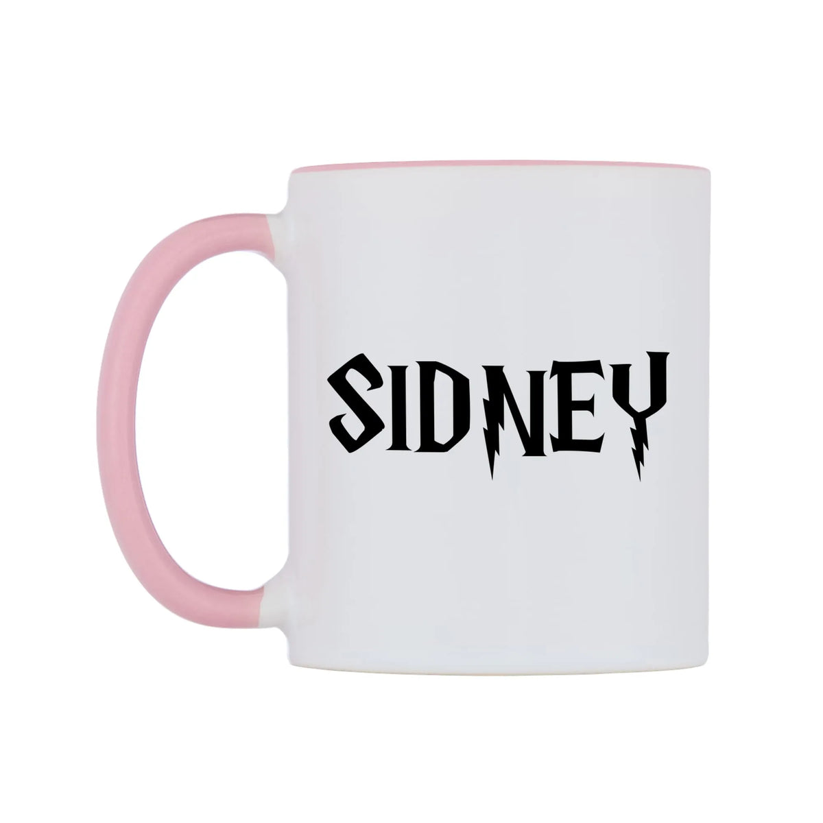 Sidney - Wizard Themed Mug — white 11oz gloss mug with a pink inside and handle, right side, on a white background
