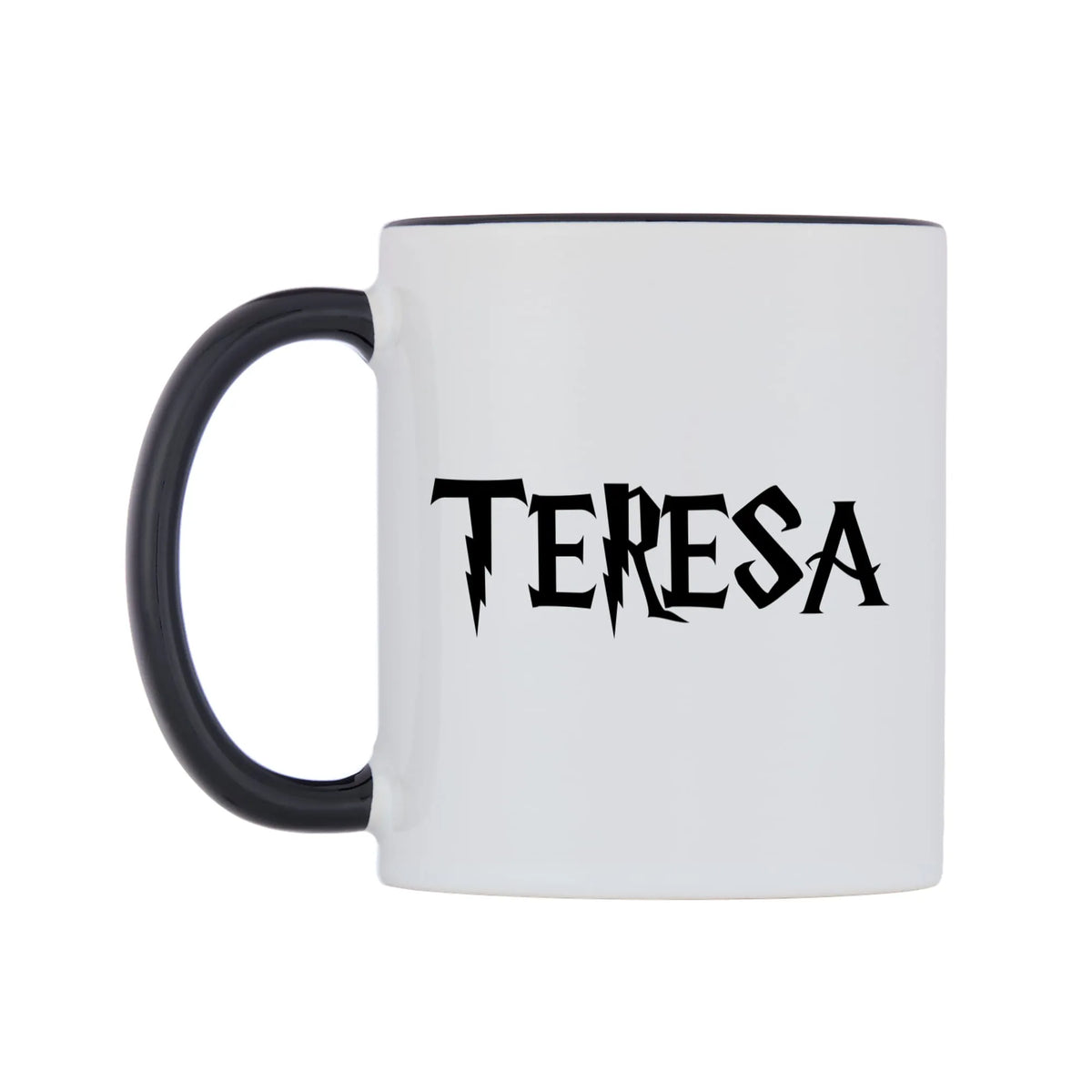 Teresa - Wizard Themed Mug — white 11oz gloss mug with a black inside and handle, right side, on a white background
