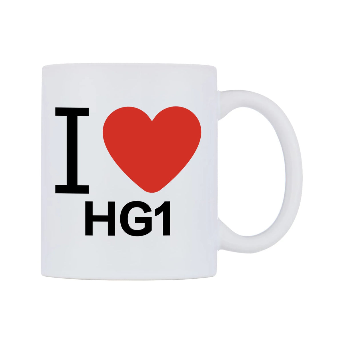 I Love HG1 Mug — white 11oz gloss mug, left side, on a white background