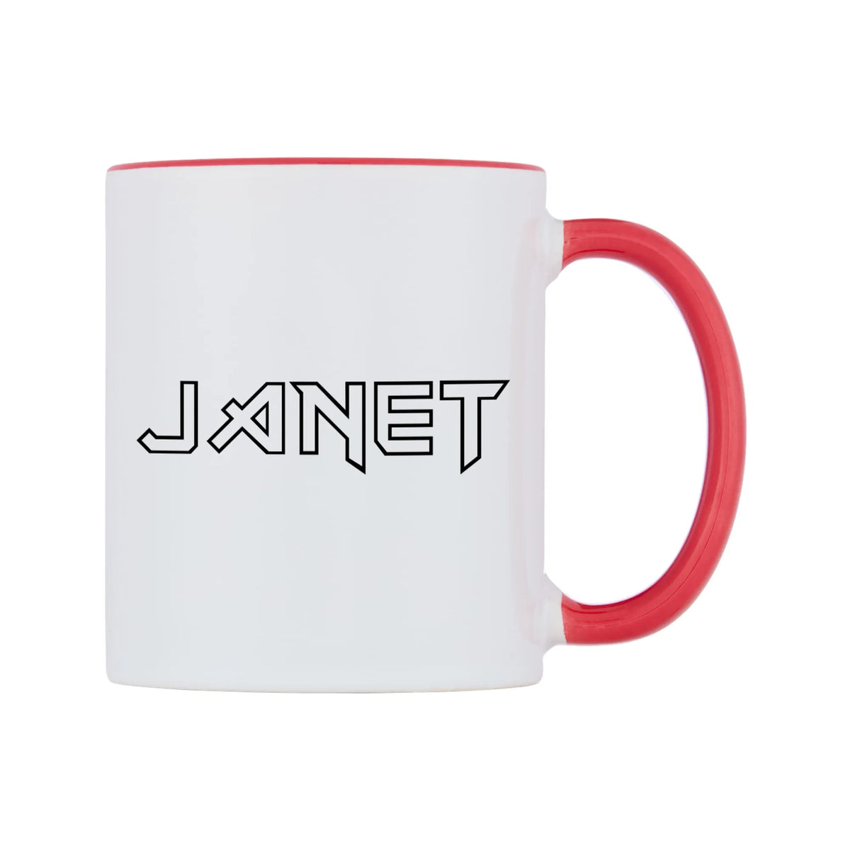 Janet - Iron Maiden Themed Mug — white 11oz gloss mug with a red inside and handle, left side, on a white background