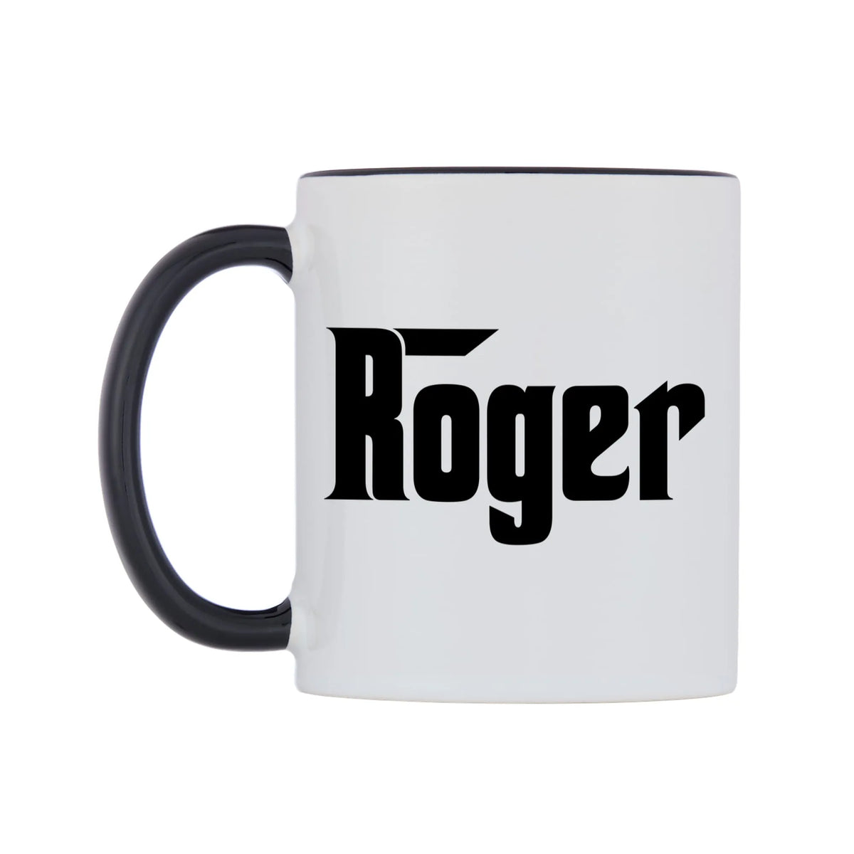 Roger - Godfather Themed Mug — white 11oz gloss mug with a black inside and handle, right side, on a white background