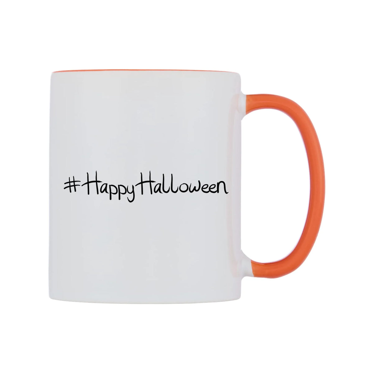 HappyHalloween Mug — white 11oz gloss mug with a orange inside and handle, left side, on a white background