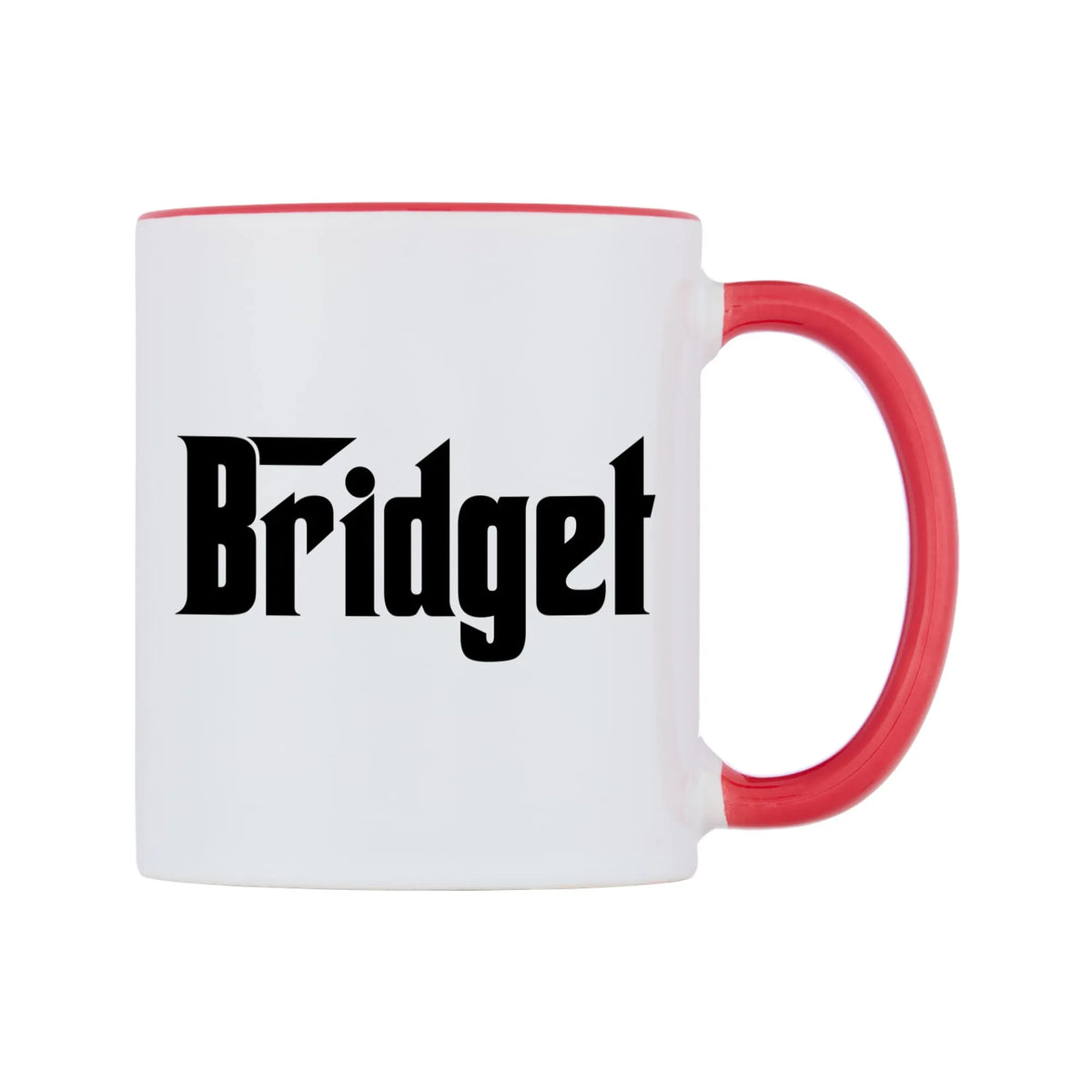 Bridget - Godfather Themed Mug — white 11oz gloss mug with a red inside and handle, left side, on a white background