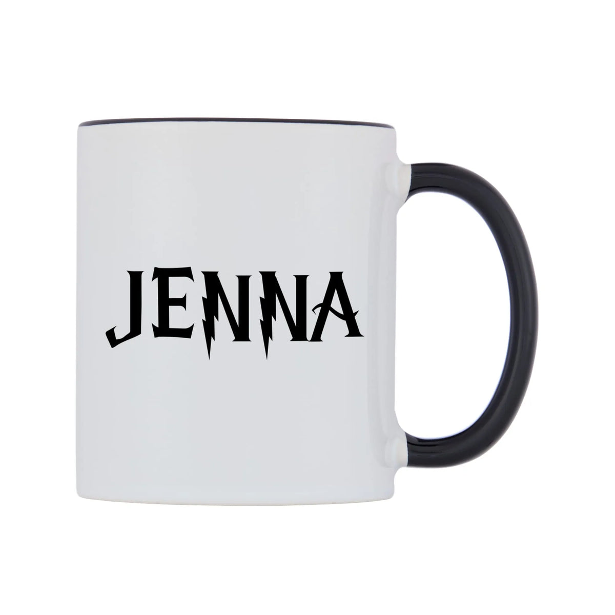 Jenna - Wizard Themed Mug — white 11oz gloss mug with a black inside and handle, left side, on a white background