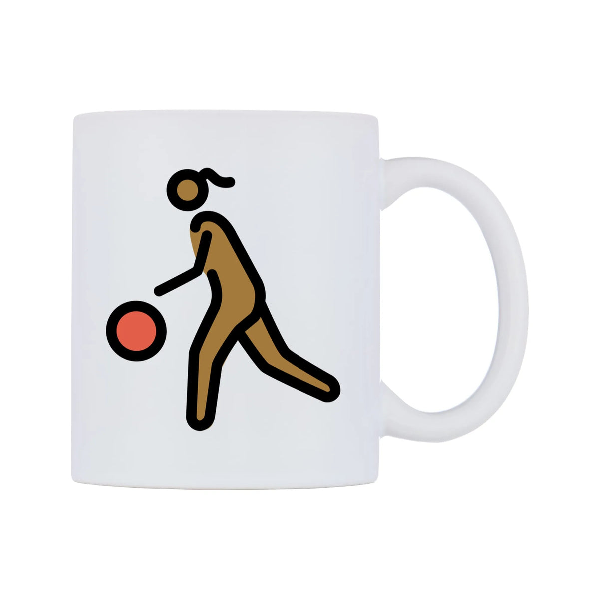 Female Bouncing Ball: Medium-Dark Skin Tone Emoji Mug — mug, left side, on a white background