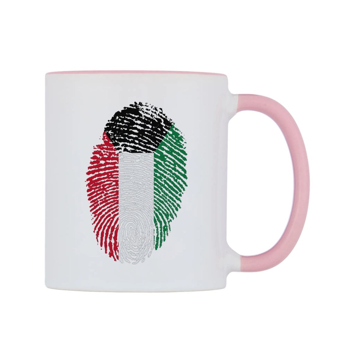 Kuwait Finger Print Flag Mug — white 11oz gloss mug with a pink inside and handle, left side, on a white background