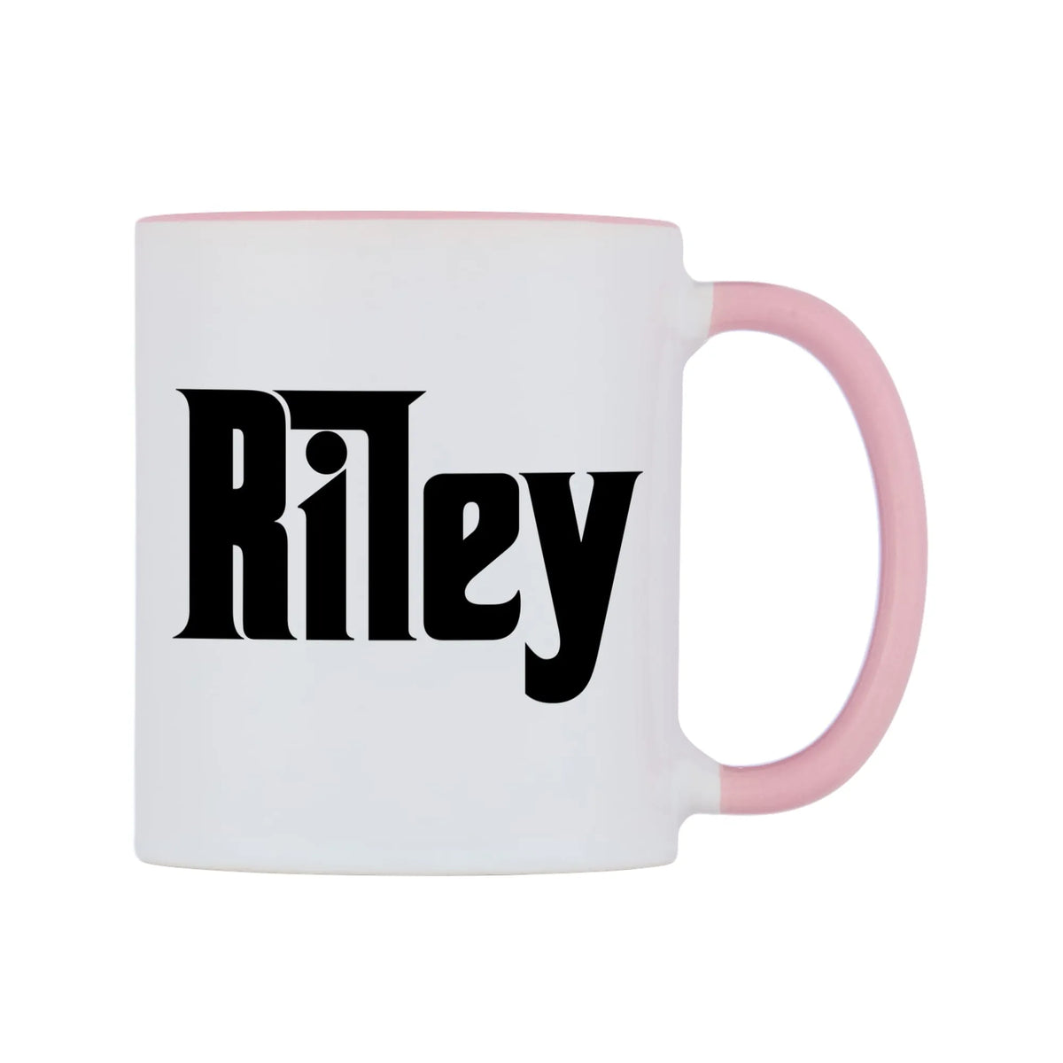 Riley - Godfather Themed Mug — white 11oz gloss mug with a pink inside and handle, left side, on a white background