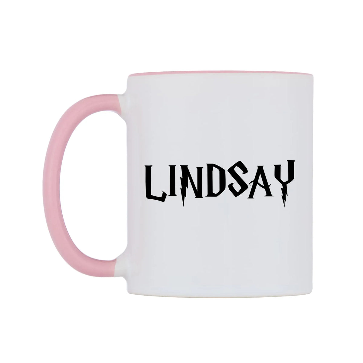 Lindsay - Wizard Themed Mug — white 11oz gloss mug with a pink inside and handle, right side, on a white background