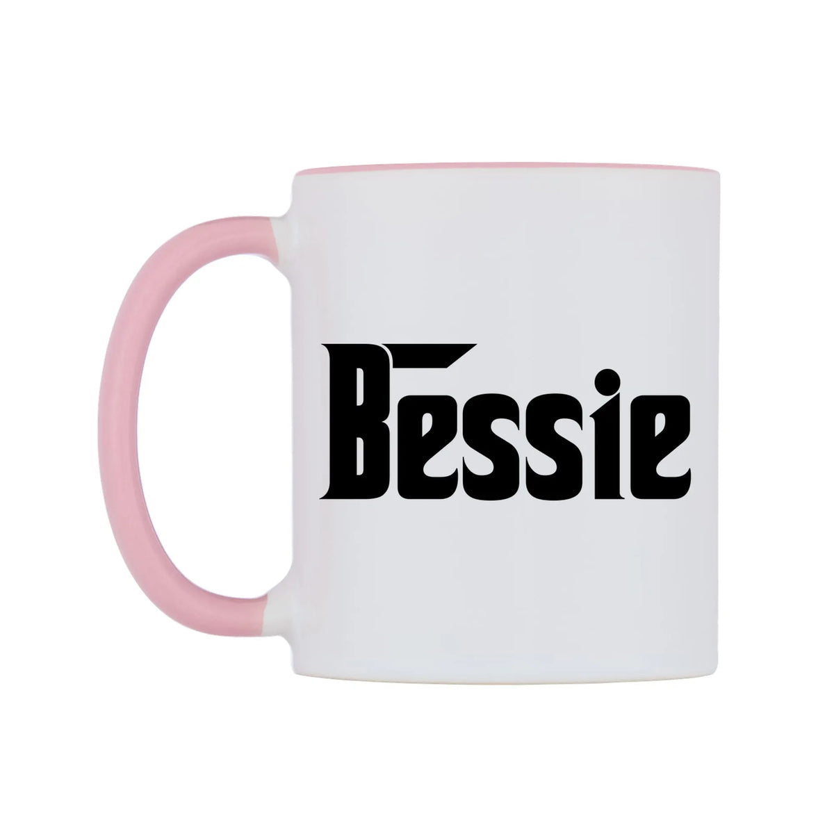 Bessie - Godfather Themed Mug — white 11oz gloss mug with a pink inside and handle, right side, on a white background