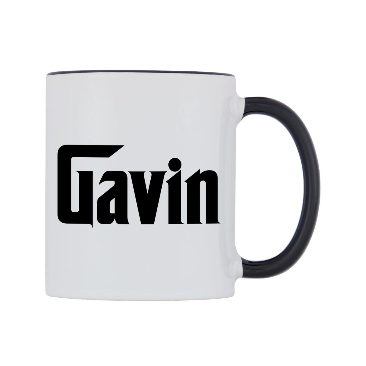 Gavin - Godfather Themed Mug — white 11oz gloss mug with a black inside and handle, left side, on a white background