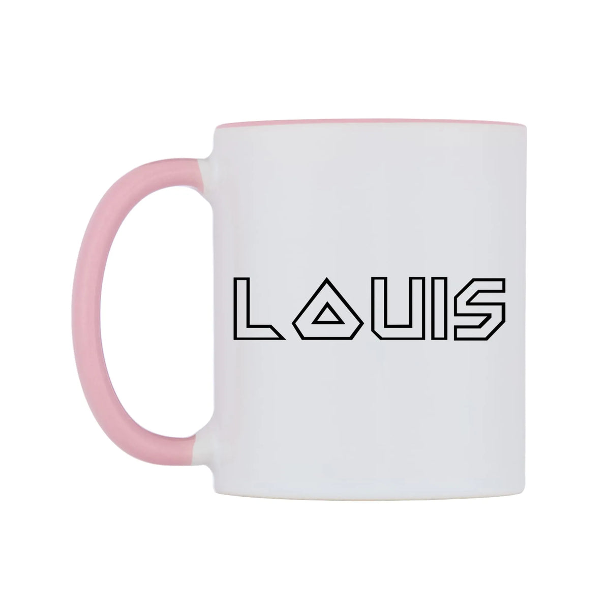 Louis - Iron Maiden Themed Mug — white 11oz gloss mug with a pink inside and handle, right side, on a white background