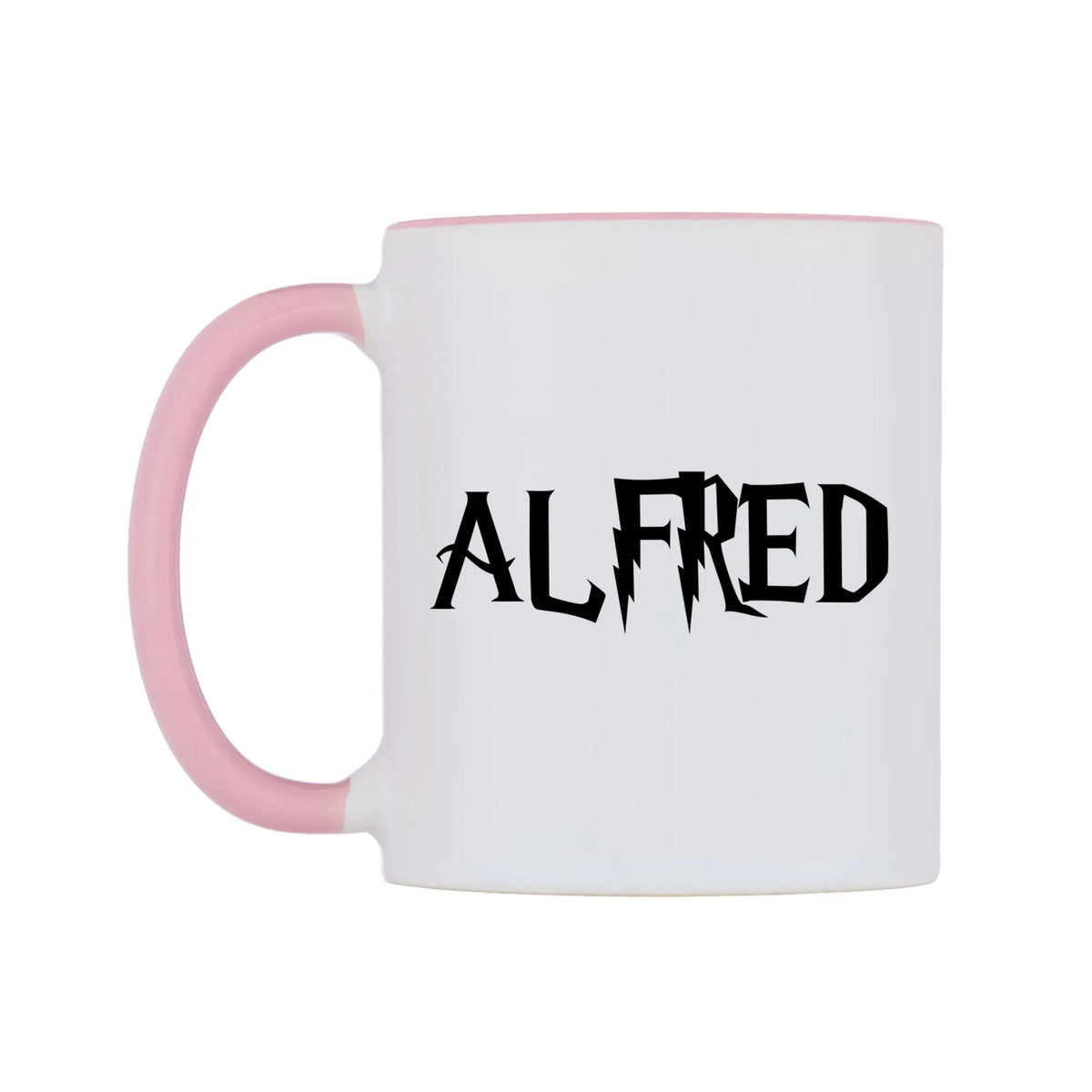 Alfred - Wizard Themed Mug — white 11oz gloss mug with a pink inside and handle, right side, on a white background