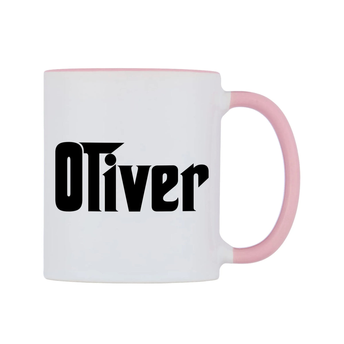 Oliver - Godfather Themed Mug — white 11oz gloss mug with a pink inside and handle, left side, on a white background