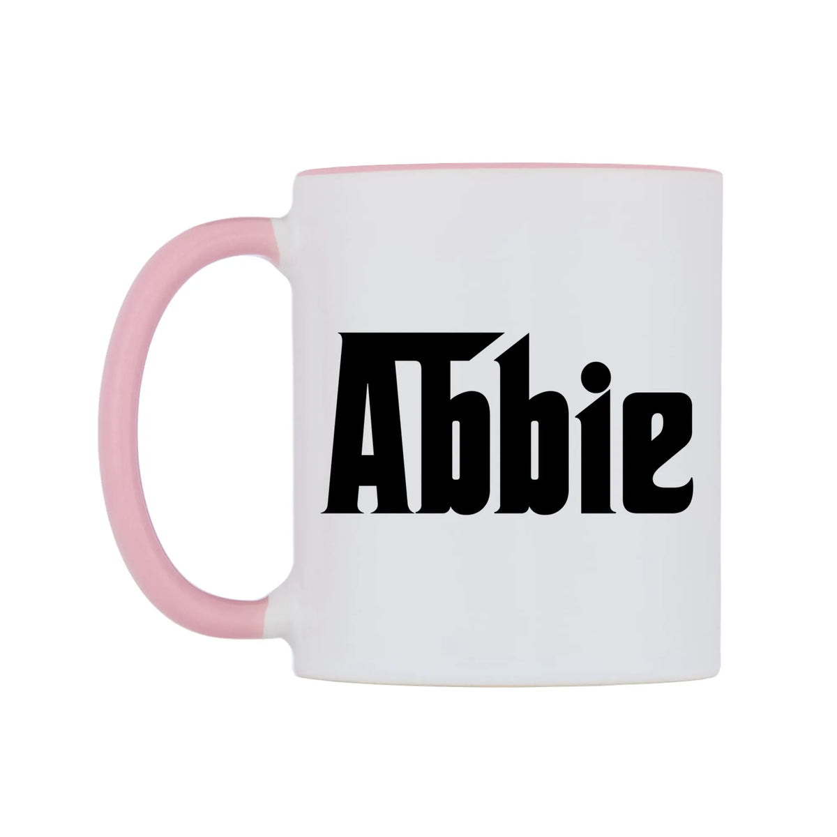 Abbie - Godfather Themed Mug — white 11oz gloss mug with a pink inside and handle, right side, on a white background