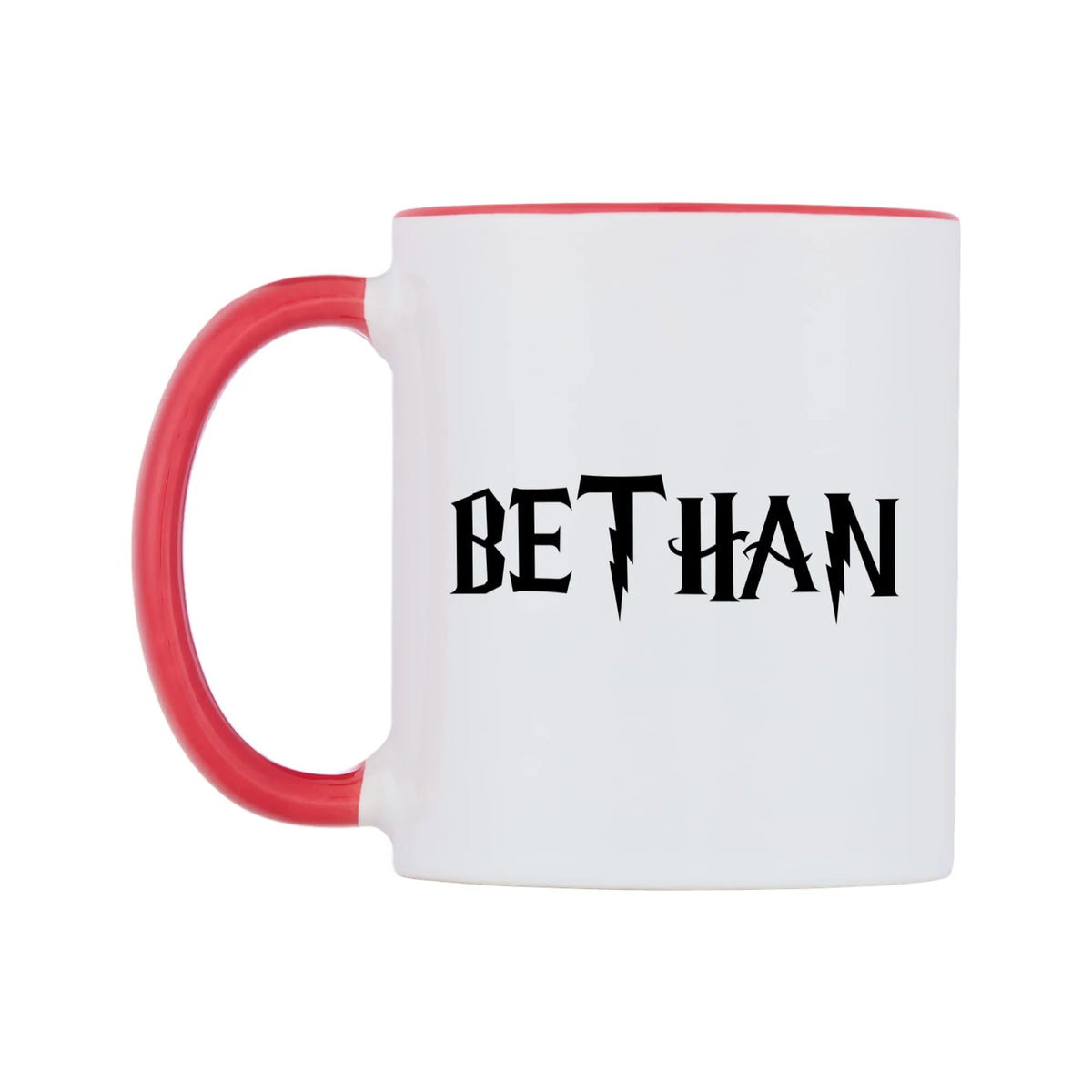Bethan - Wizard Themed Mug — white 11oz gloss mug with a red inside and handle, right side, on a white background