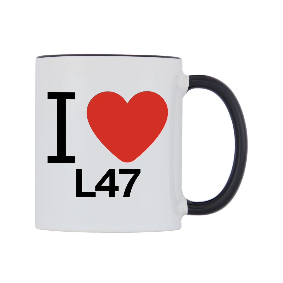 I Love L47 Mug — white 11oz gloss mug with a black inside and handle, left side, on a white background
