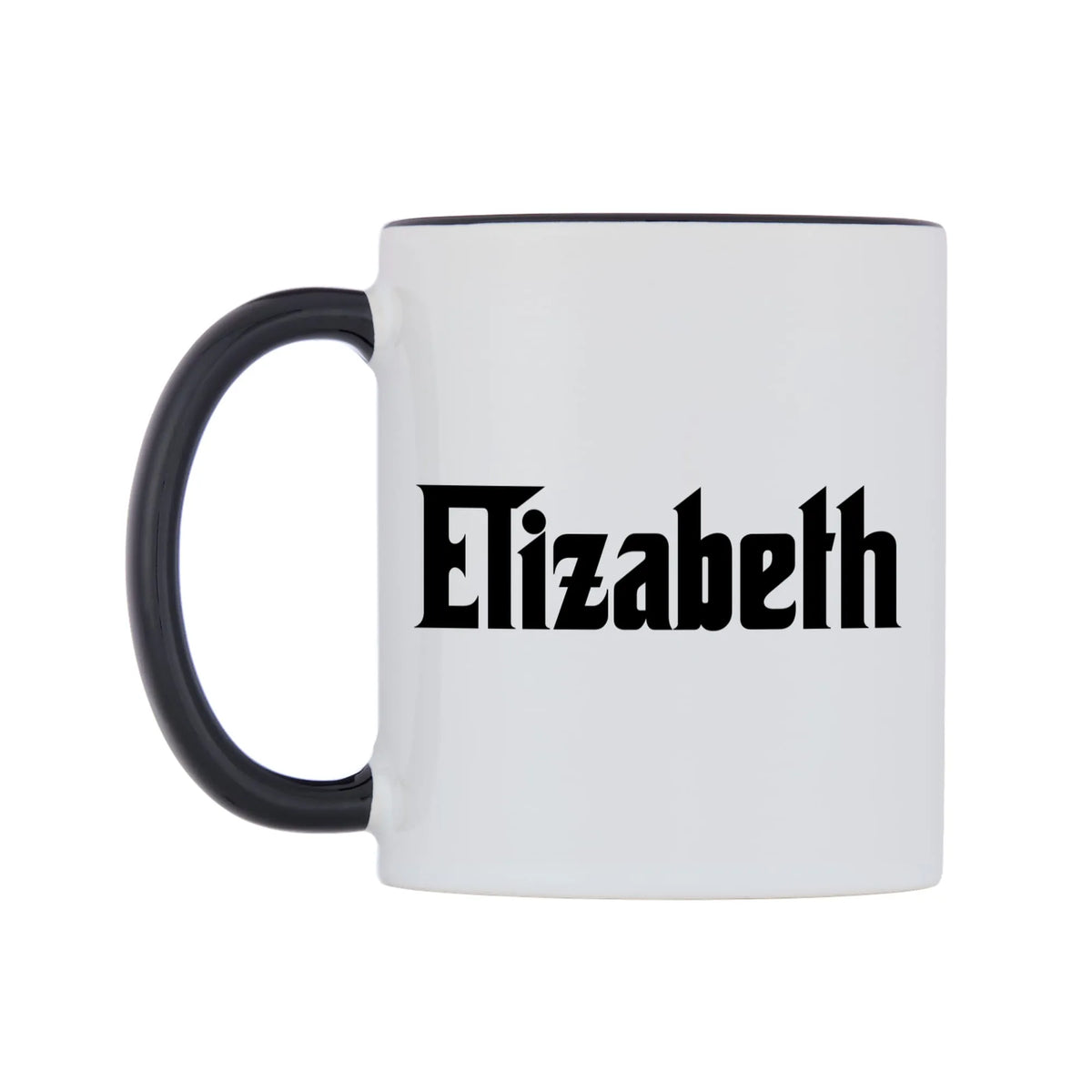 Elizabeth - Godfather Themed Mug — white 11oz gloss mug with a black inside and handle, right side, on a white background