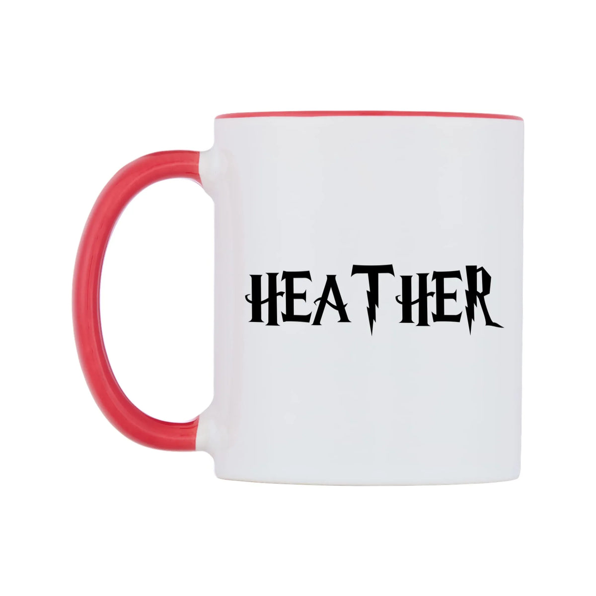 Heather - Wizard Themed Mug — white 11oz gloss mug with a red inside and handle, right side, on a white background