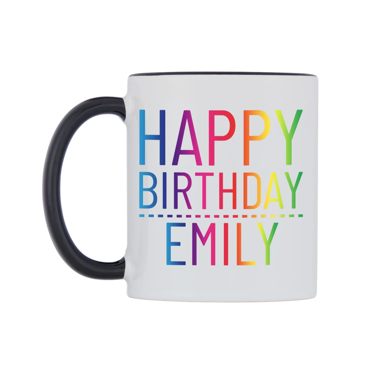 Personalised Happy Birthday (Rainbow) Mug — white 11oz gloss mug with a black inside and handle, right side, on a white background