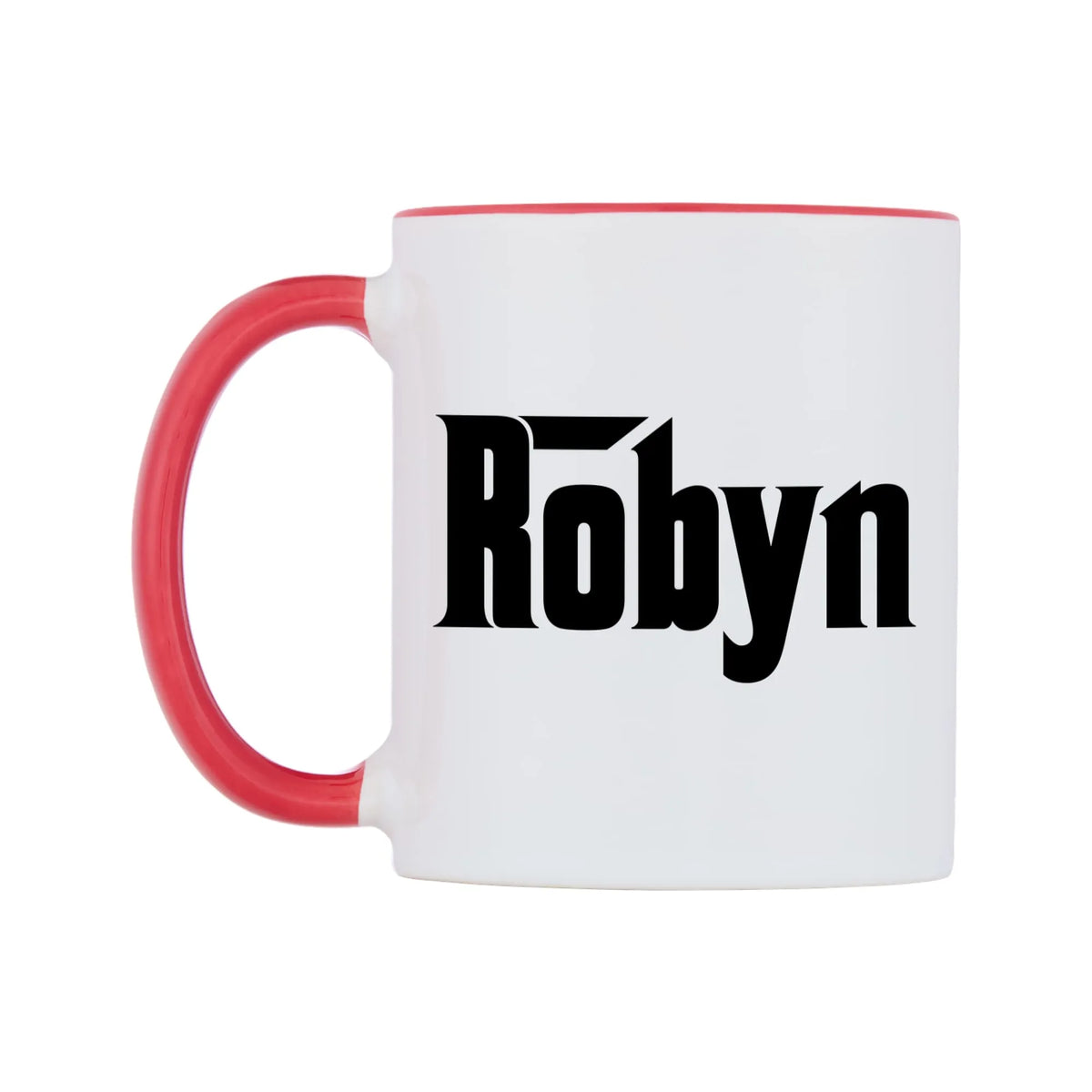 Robyn - Godfather Themed Mug — white 11oz gloss mug with a red inside and handle, right side, on a white background