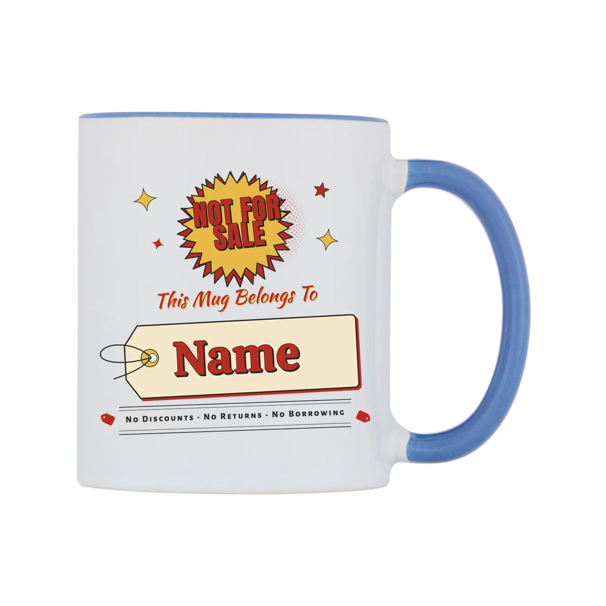 Not For Sale Swing Tag Mug — white 11oz gloss mug with a cambridge blue inside and handle, on a white background