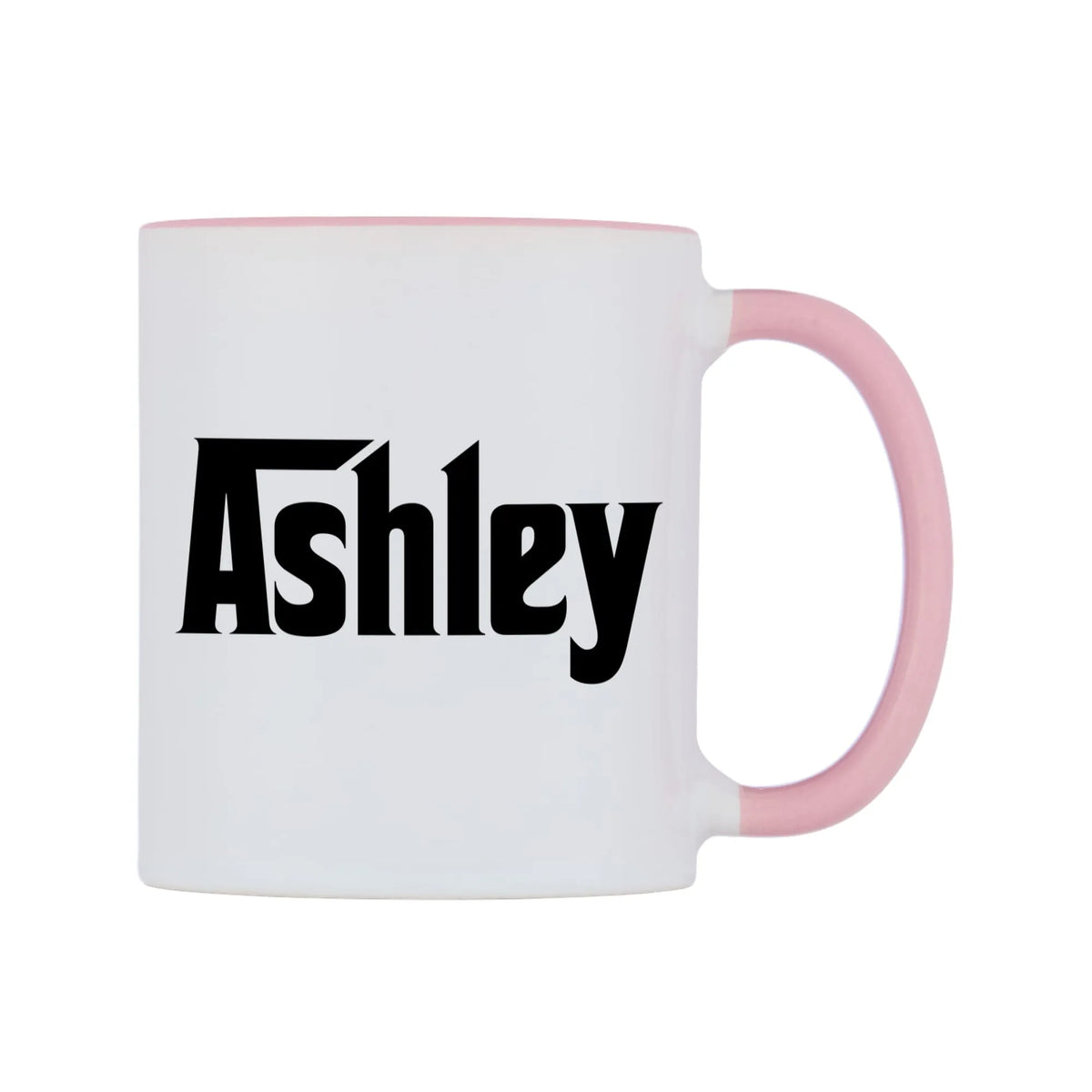 Ashley - Godfather Themed Mug — white 11oz gloss mug with a pink inside and handle, left side, on a white background