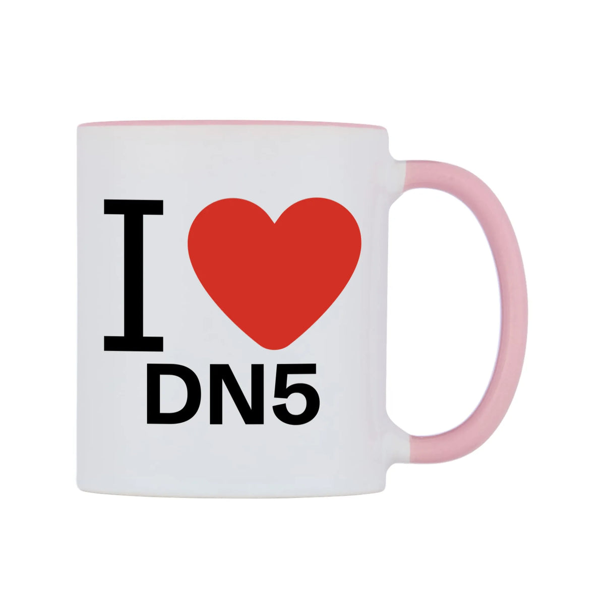 I Love DN5 Mug — white 11oz gloss mug with a pink inside and handle, left side, on a white background
