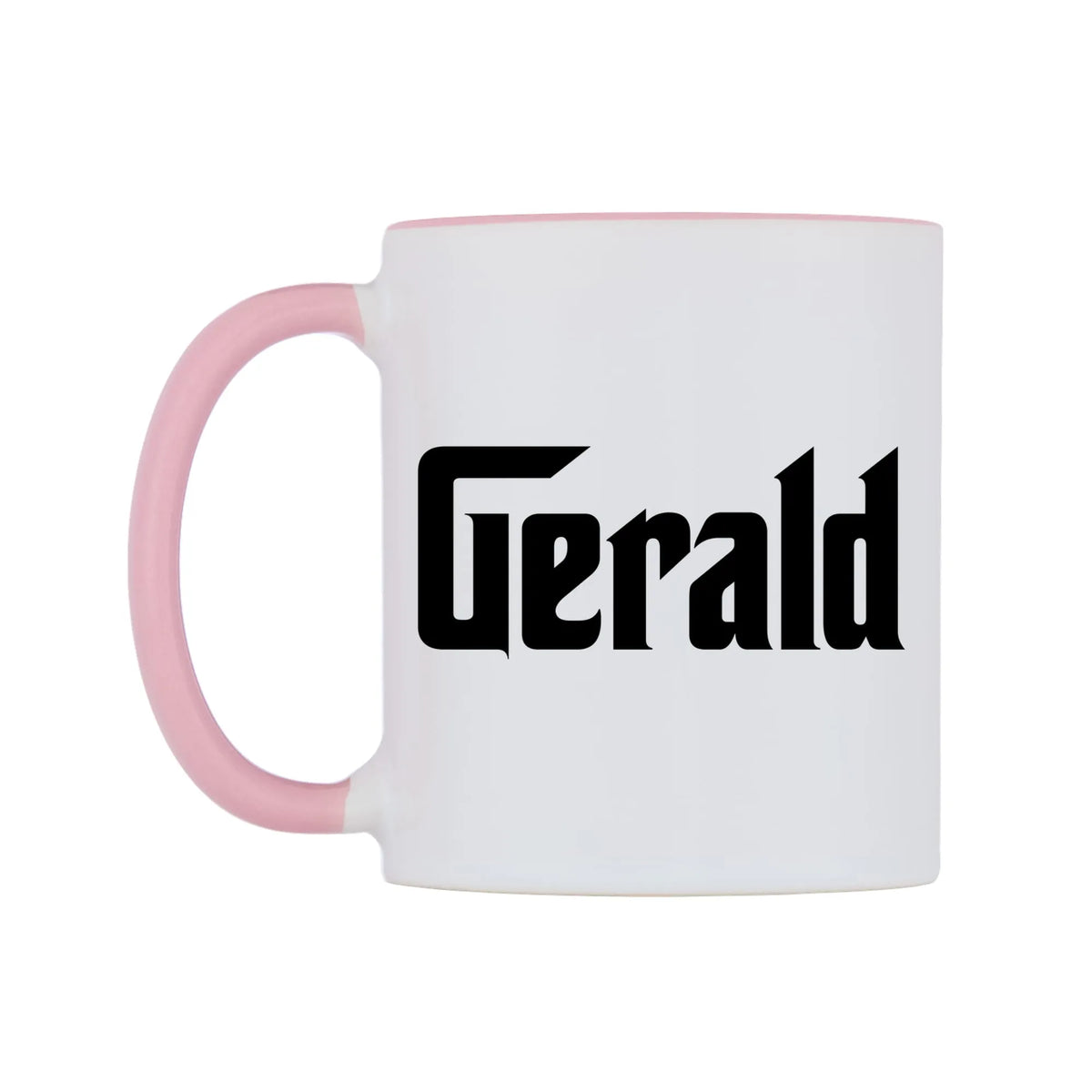 Gerald - Godfather Themed Mug — white 11oz gloss mug with a pink inside and handle, right side, on a white background