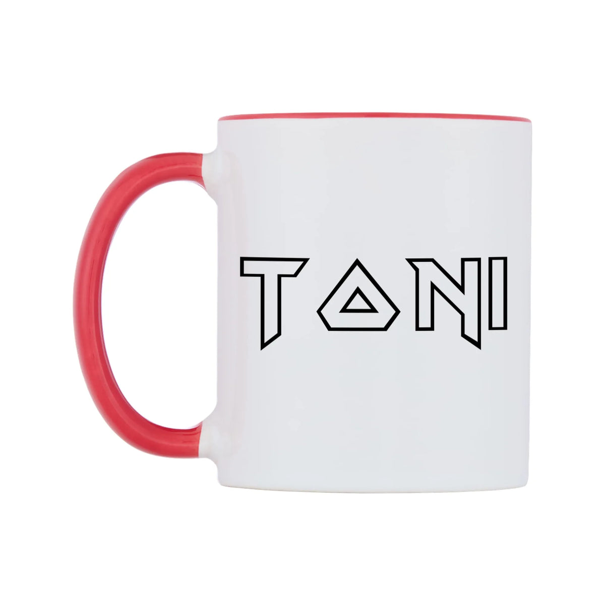 Toni - Iron Maiden Themed Mug — white 11oz gloss mug with a red inside and handle, right side, on a white background