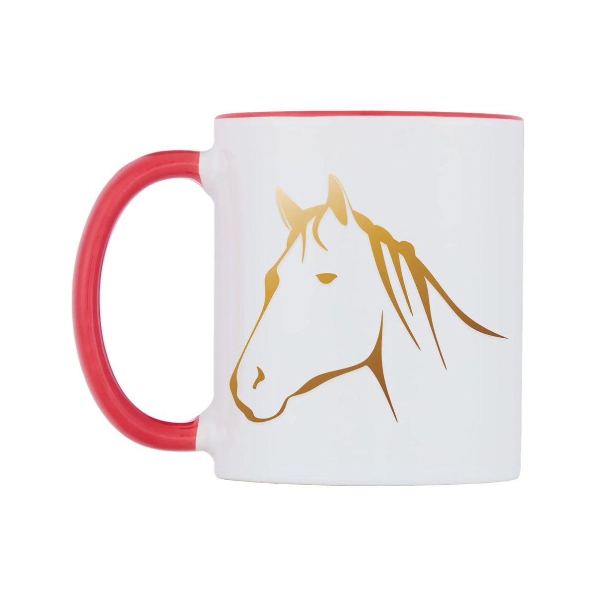 Golden Horse Mug — white 11oz gloss mug with a red inside and handle, right side, on a white background