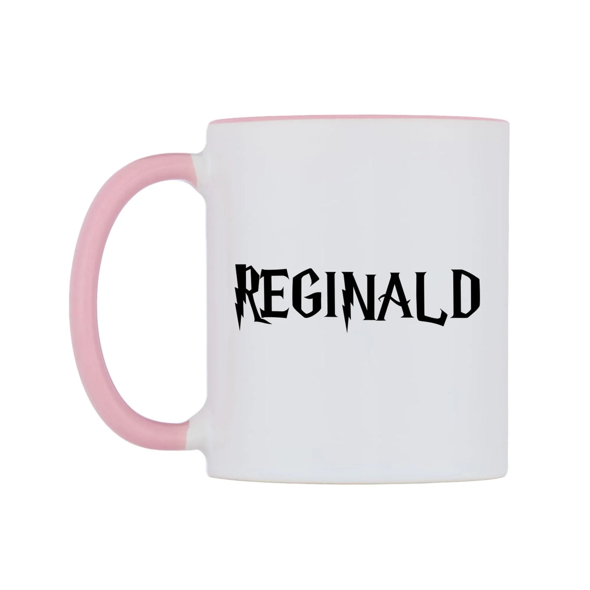 Reginald - Wizard Themed Mug — white 11oz gloss mug with a pink inside and handle, right side, on a white background