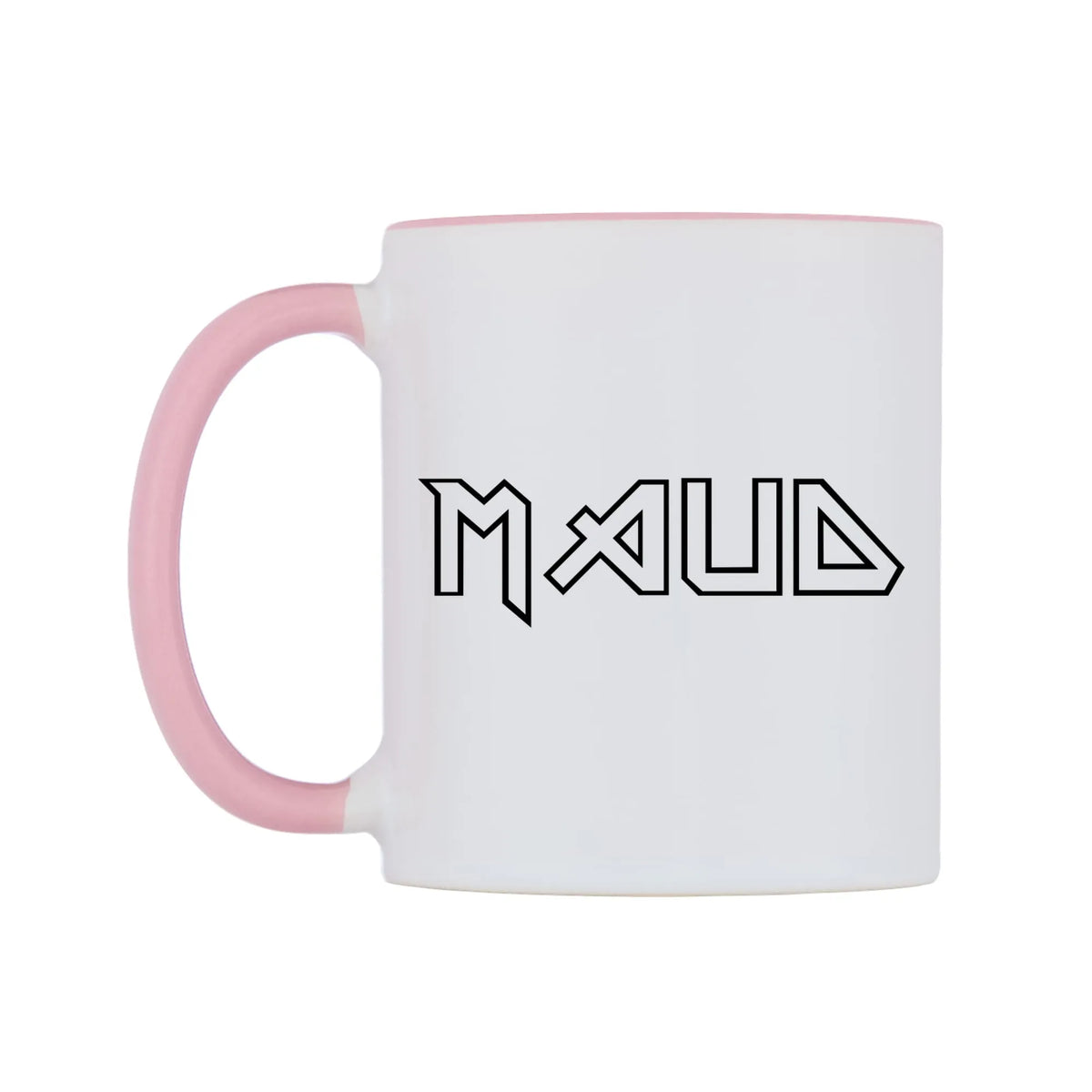 Maud - Iron Maiden Themed Mug — white 11oz gloss mug with a pink inside and handle, right side, on a white background