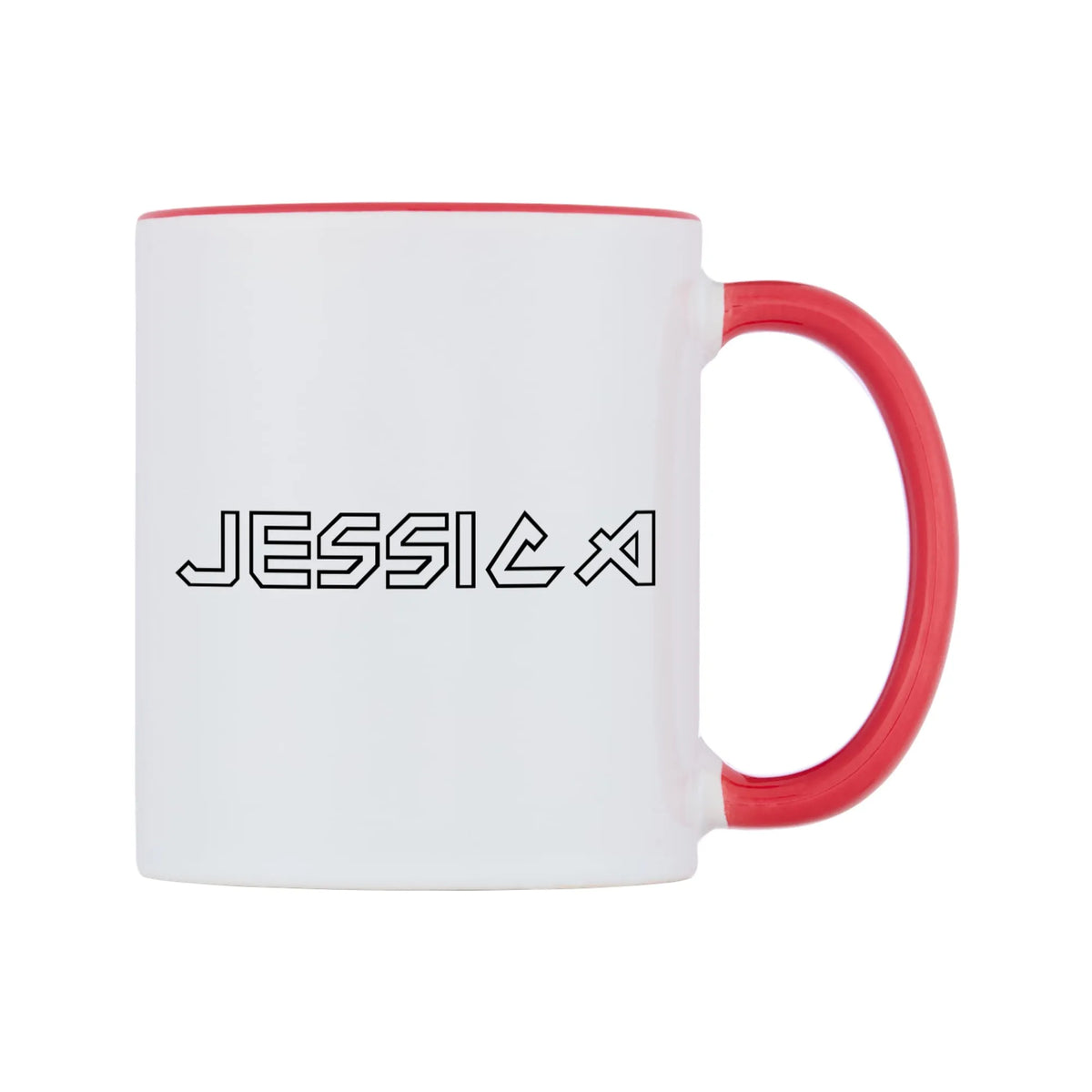 Jessica - Iron Maiden Themed Mug — white 11oz gloss mug with a red inside and handle, left side, on a white background