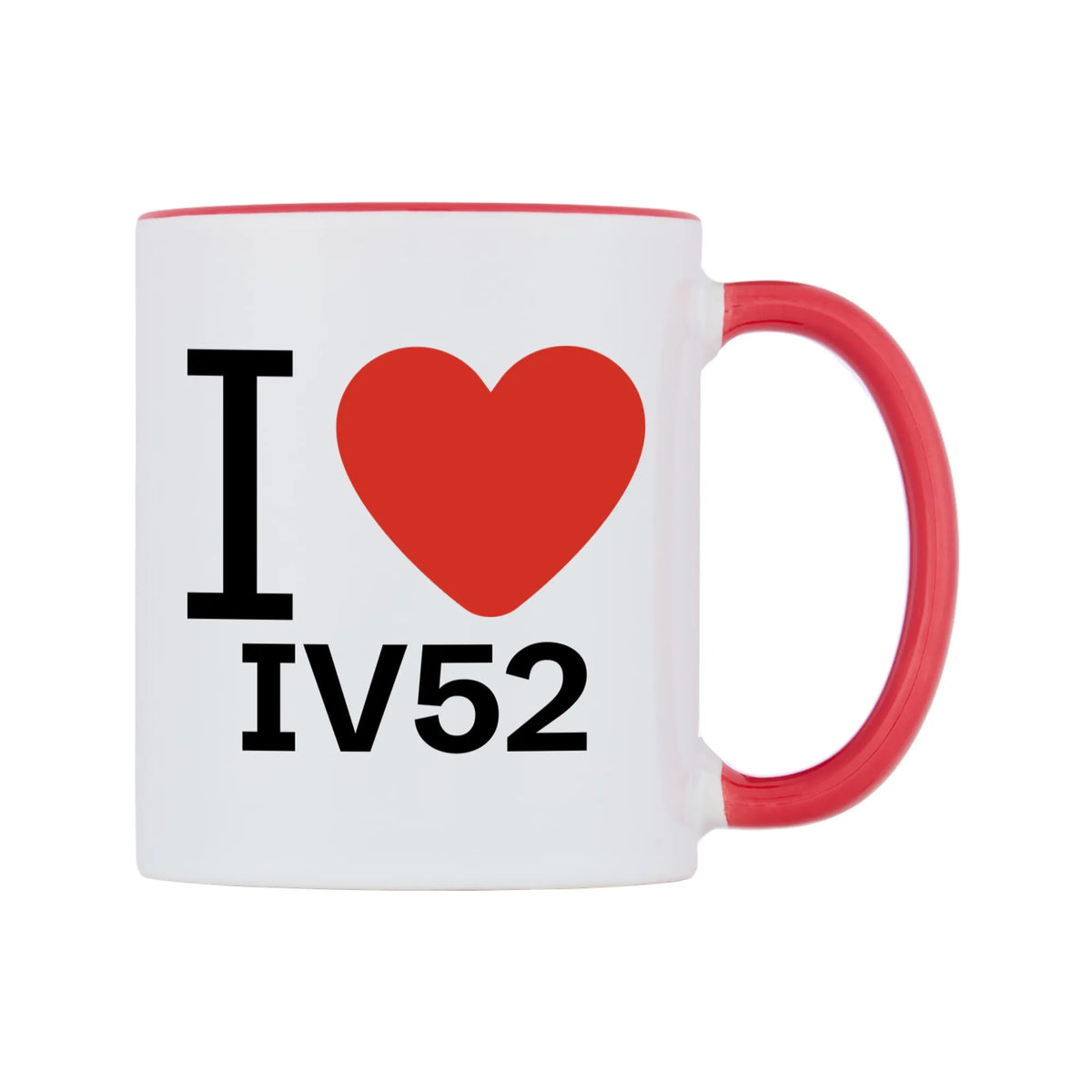 I Love IV52 Mug — white 11oz gloss mug with a red inside and handle, left side, on a white background