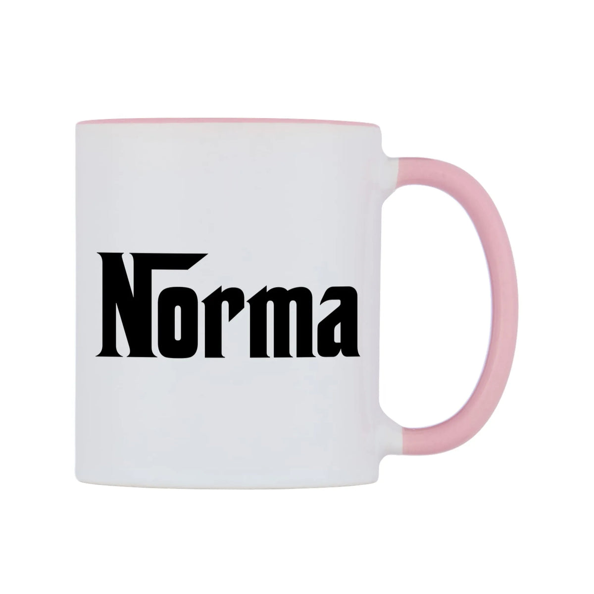 Norma - Godfather Themed Mug — white 11oz gloss mug with a pink inside and handle, left side, on a white background