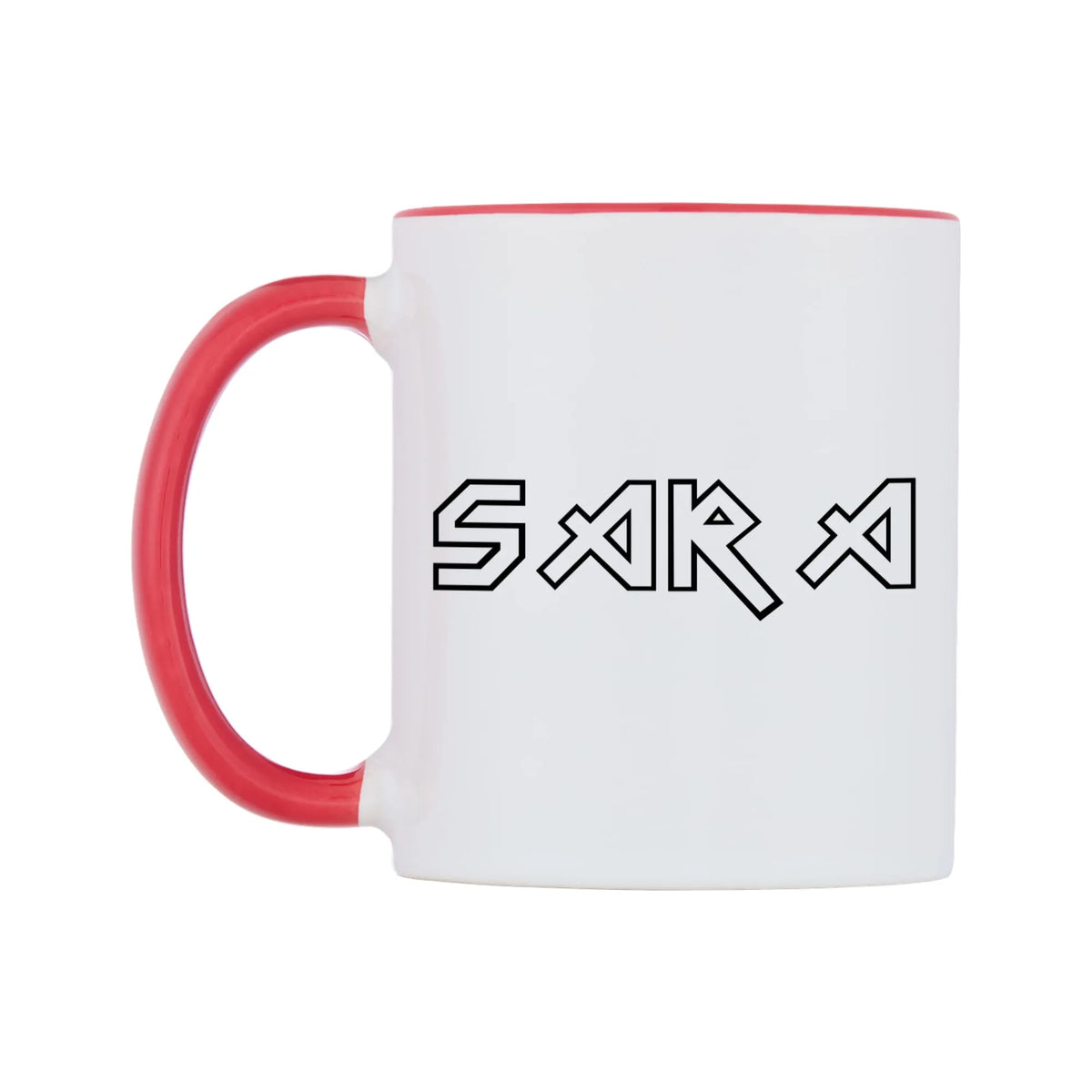 Sara - Iron Maiden Themed Mug — white 11oz gloss mug with a red inside and handle, right side, on a white background