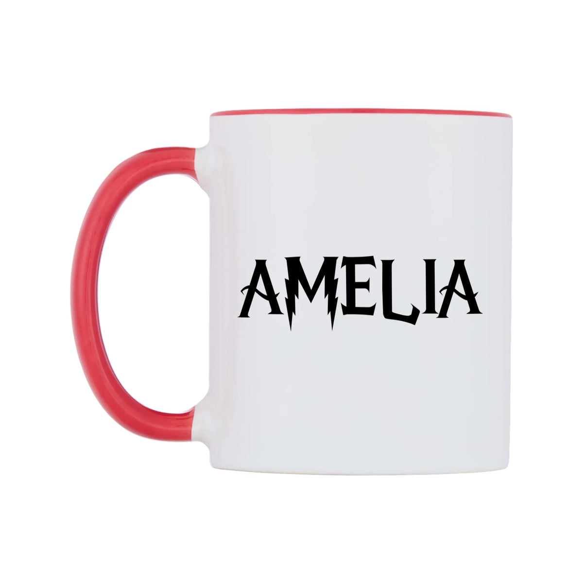 Amelia - Wizard Themed Mug — white 11oz gloss mug with a red inside and handle, right side, on a white background