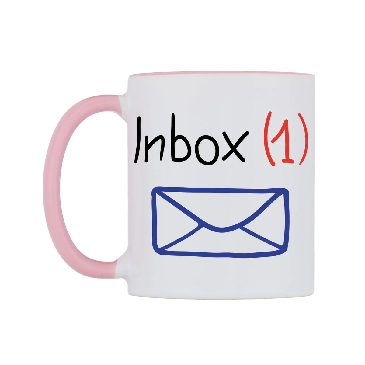 Inbox (1) Mug — white 11oz gloss mug with a pink inside and handle, right side, on a white background