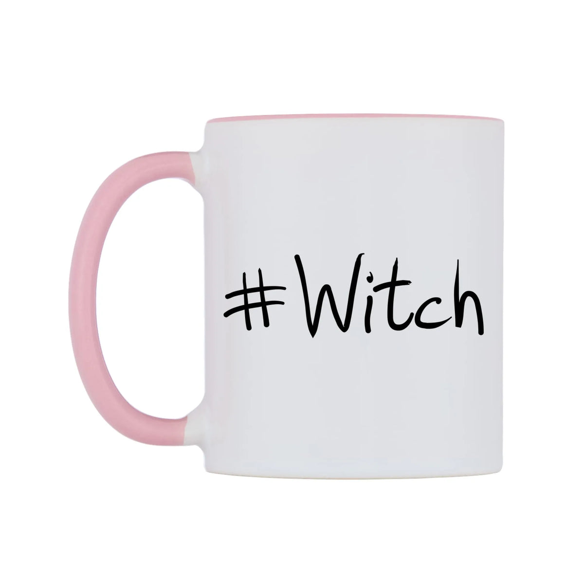 Witch Mug — white 11oz gloss mug with a pink inside and handle, right side, on a white background