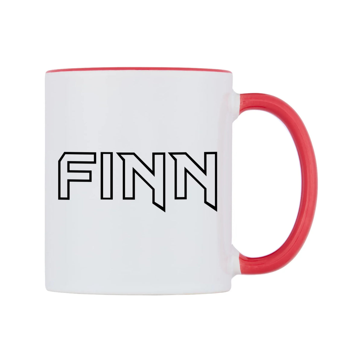 Finn - Iron Maiden Themed Mug — white 11oz gloss mug with a red inside and handle, left side, on a white background