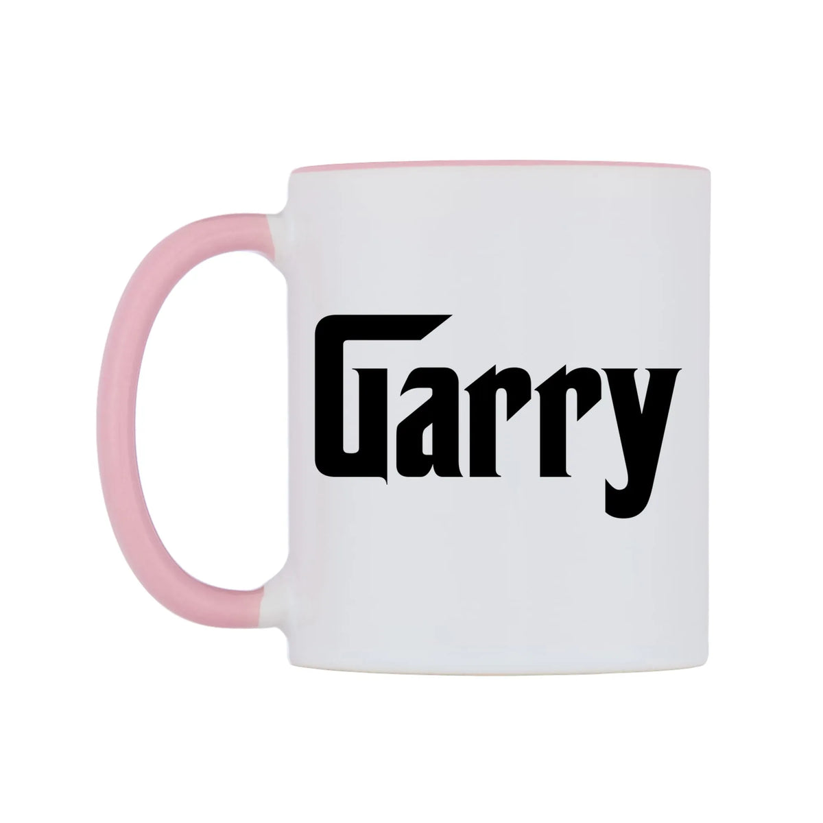 Garry - Godfather Themed Mug — white 11oz gloss mug with a pink inside and handle, right side, on a white background