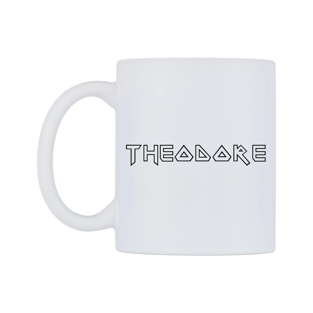 Theodore - Iron Maiden Themed Mug — white 11oz gloss mug, right side, on a white background